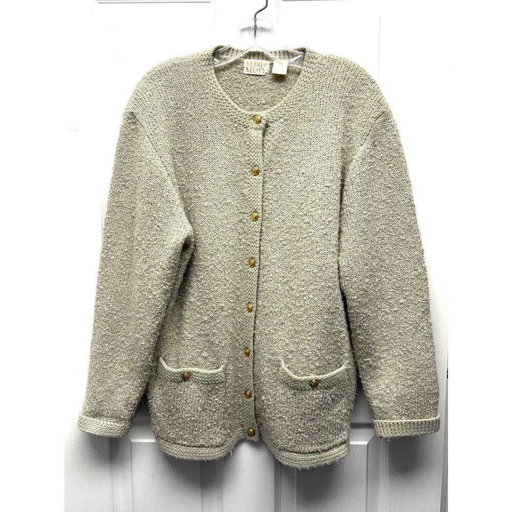 Kerri & Kelsey Sweater Vintage Boucle Cardigan Taupe Beige Crest Buttons Size L